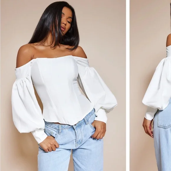 PrettyLittleThing Tops Plt Bardot Balloon Sleeve Corset Top